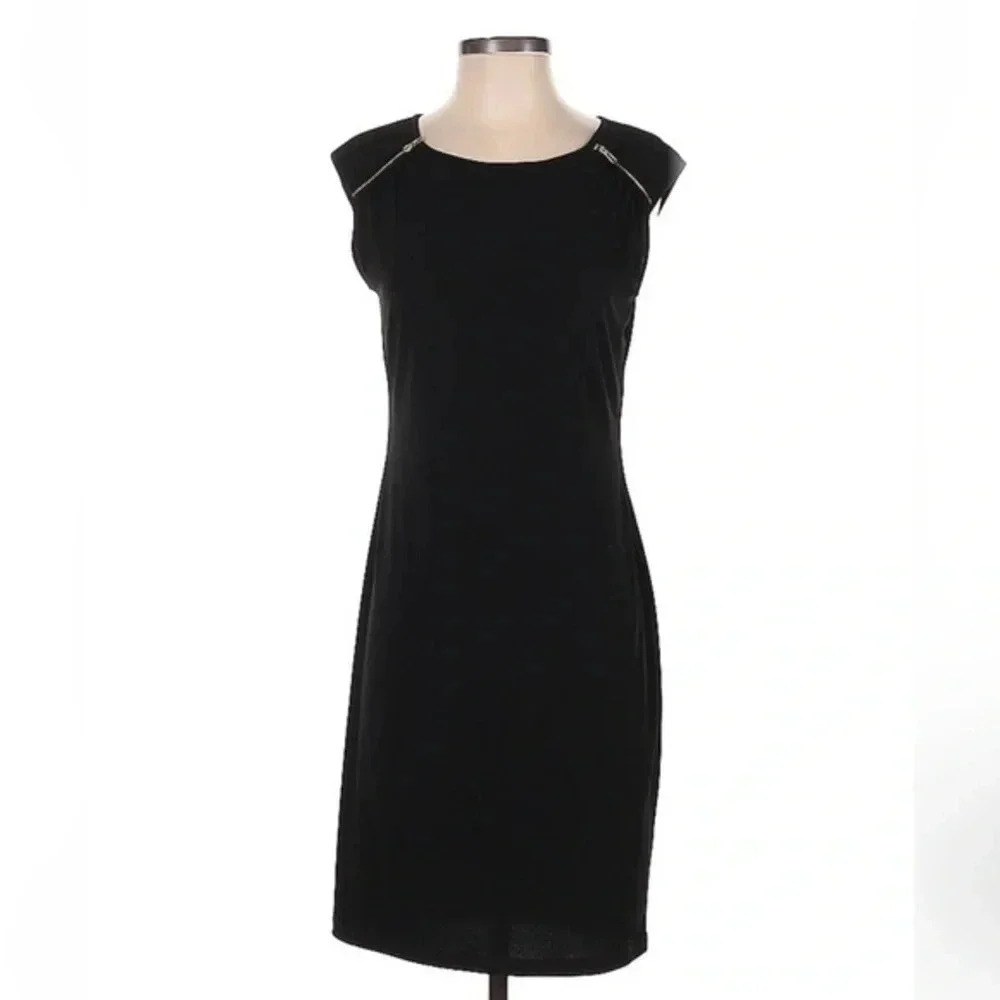 Vintage Calvin Klein Y2K Classic Black Gold Zippers Shoulders Dress Size 2 XS